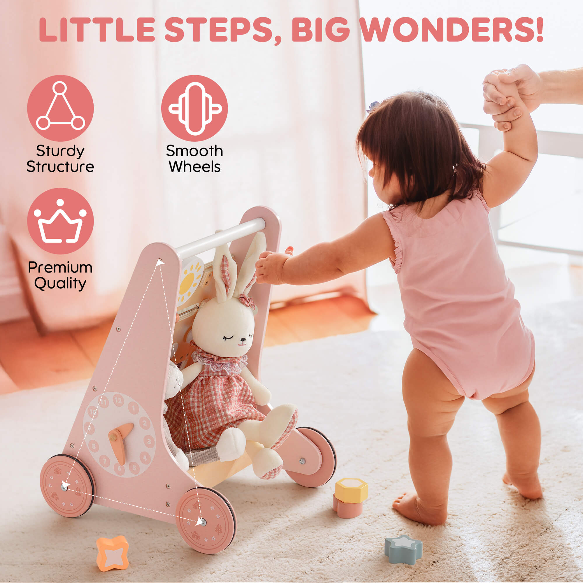 ROBUD Wooden Pink Baby Walker