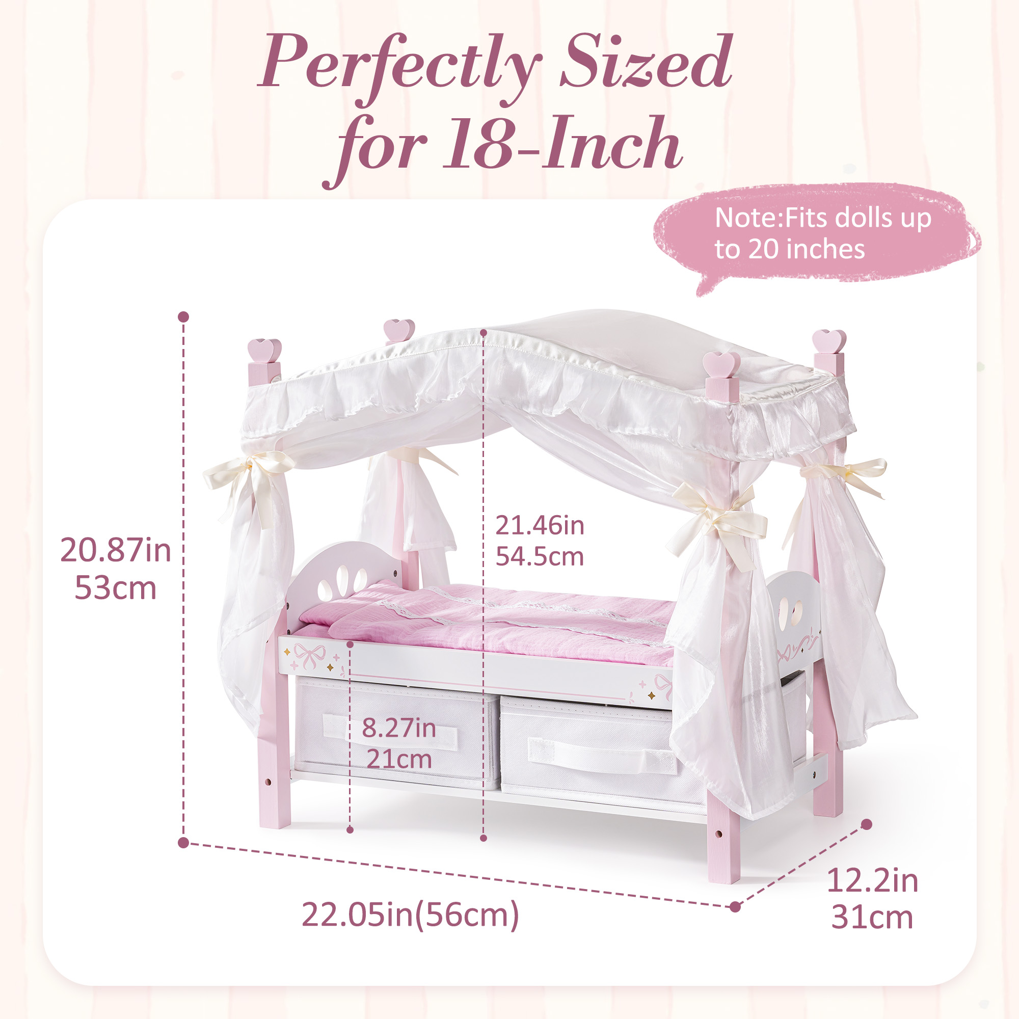 ROBUD Wooden Doll Canopy Bed for 18 Inch Dolls