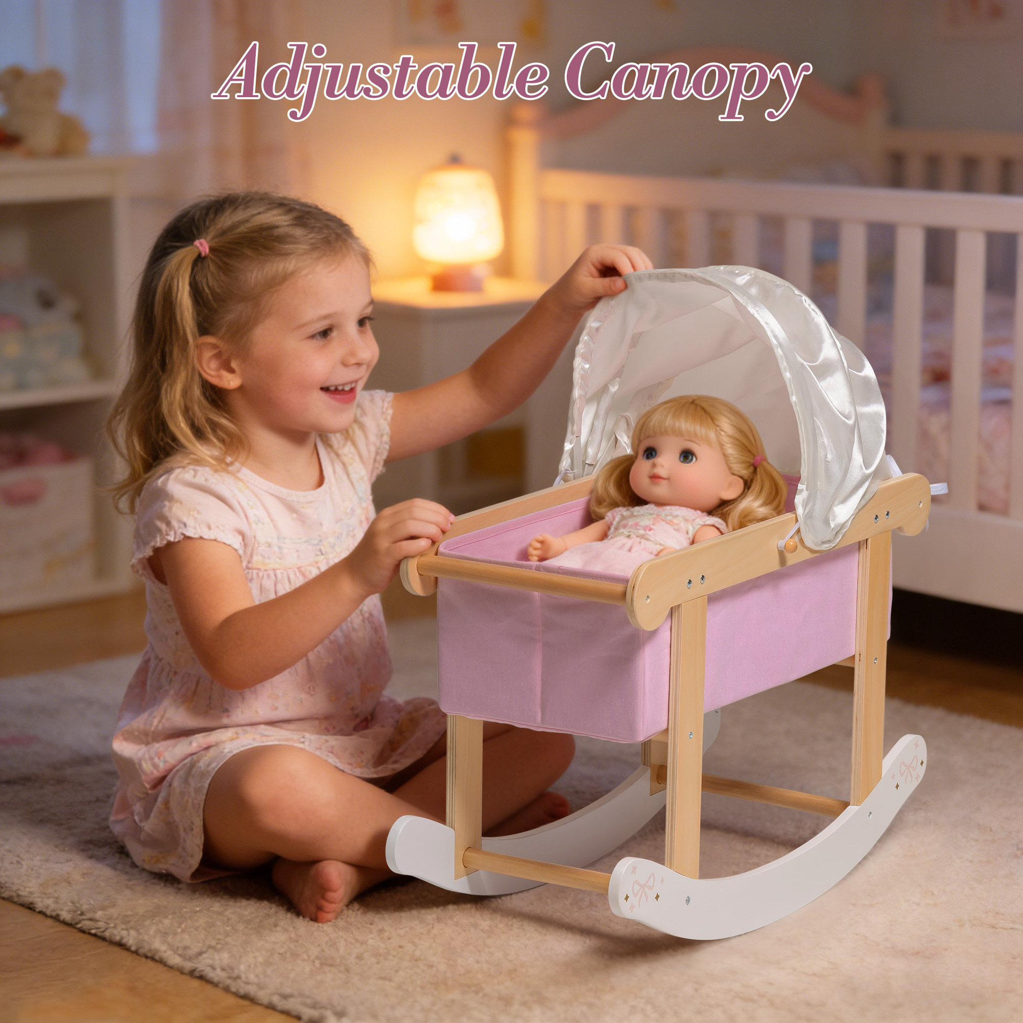 ROBUD Wooden Doll Rocking Cradle