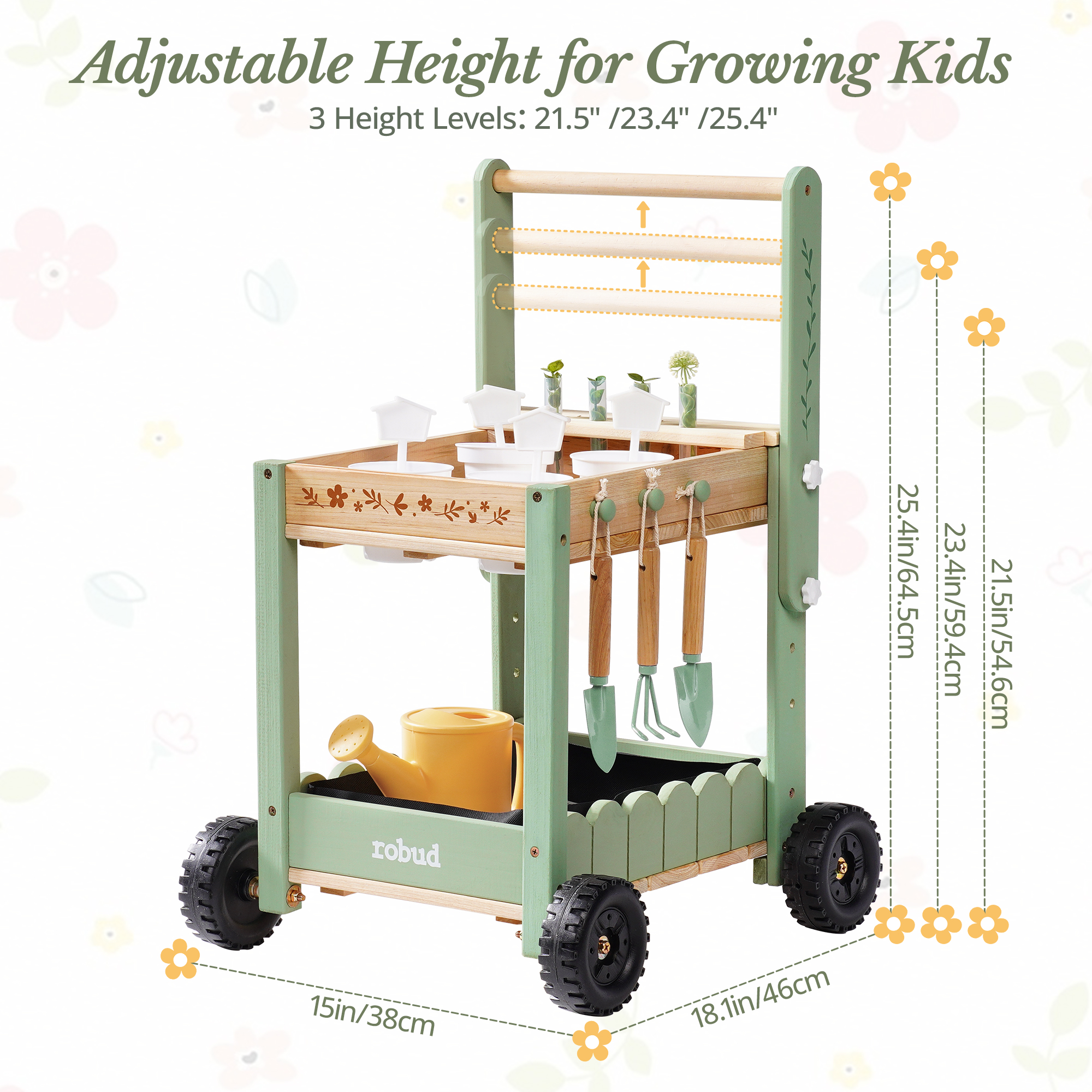 ROBUD Kids Gardening Set with Wooden Trolley
