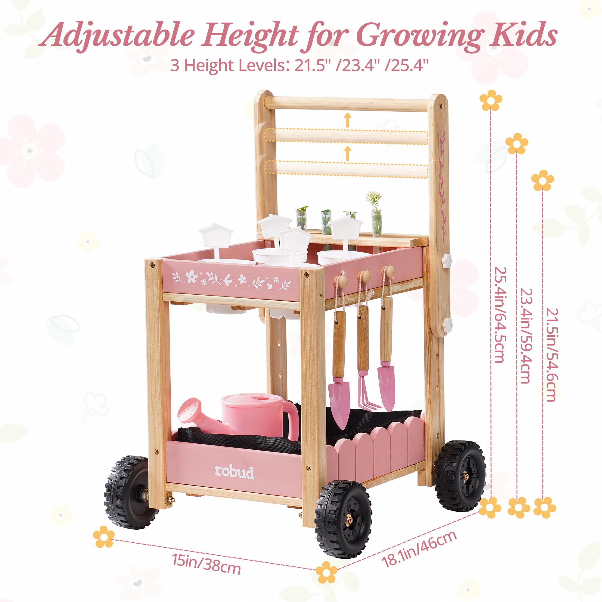 ROBUD Kids Gardening Set with Wooden Trolley