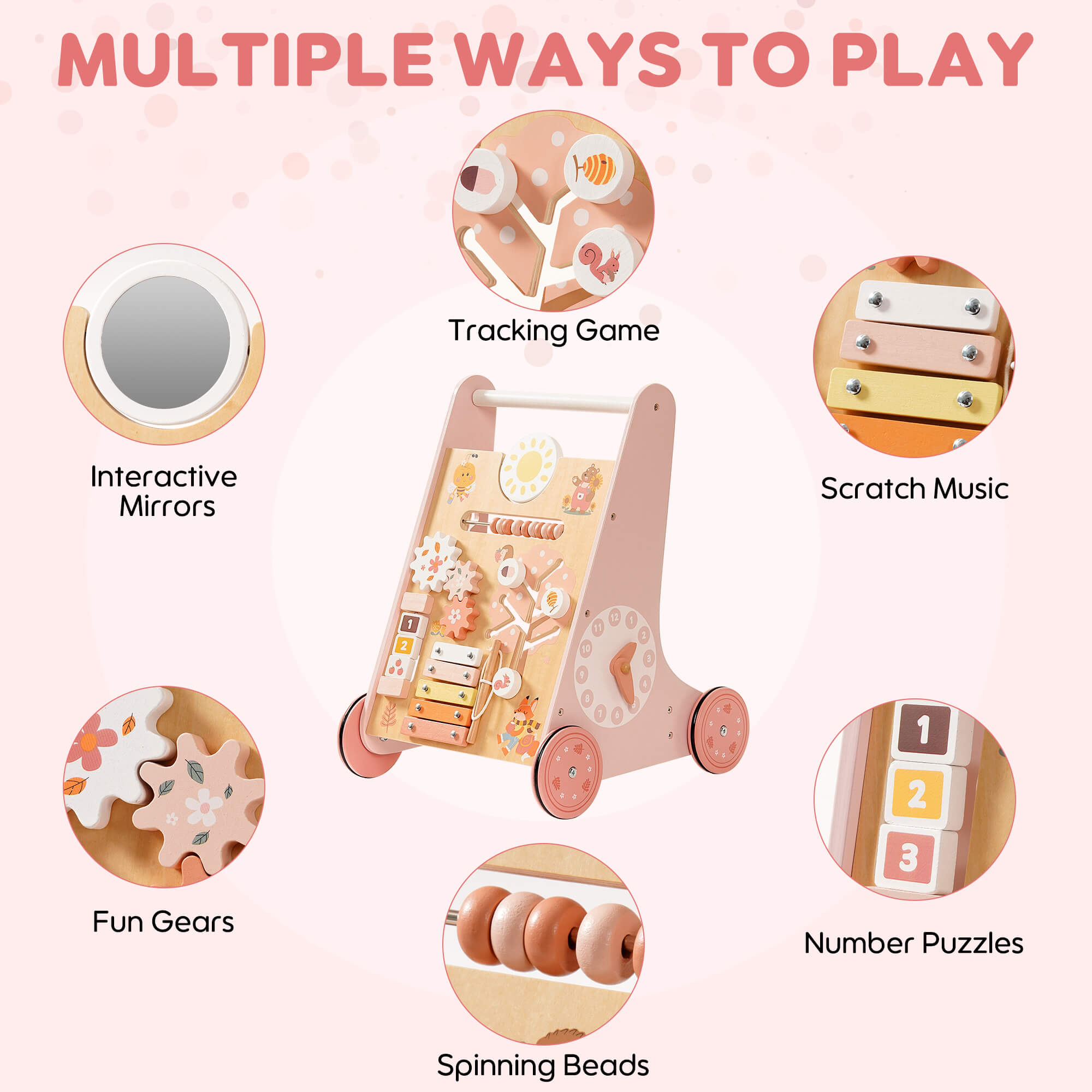 ROBUD Wooden Pink Baby Walker