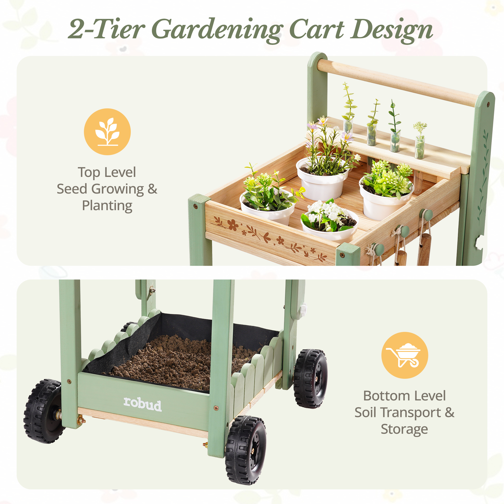 ROBUD Kids Gardening Set with Wooden Trolley