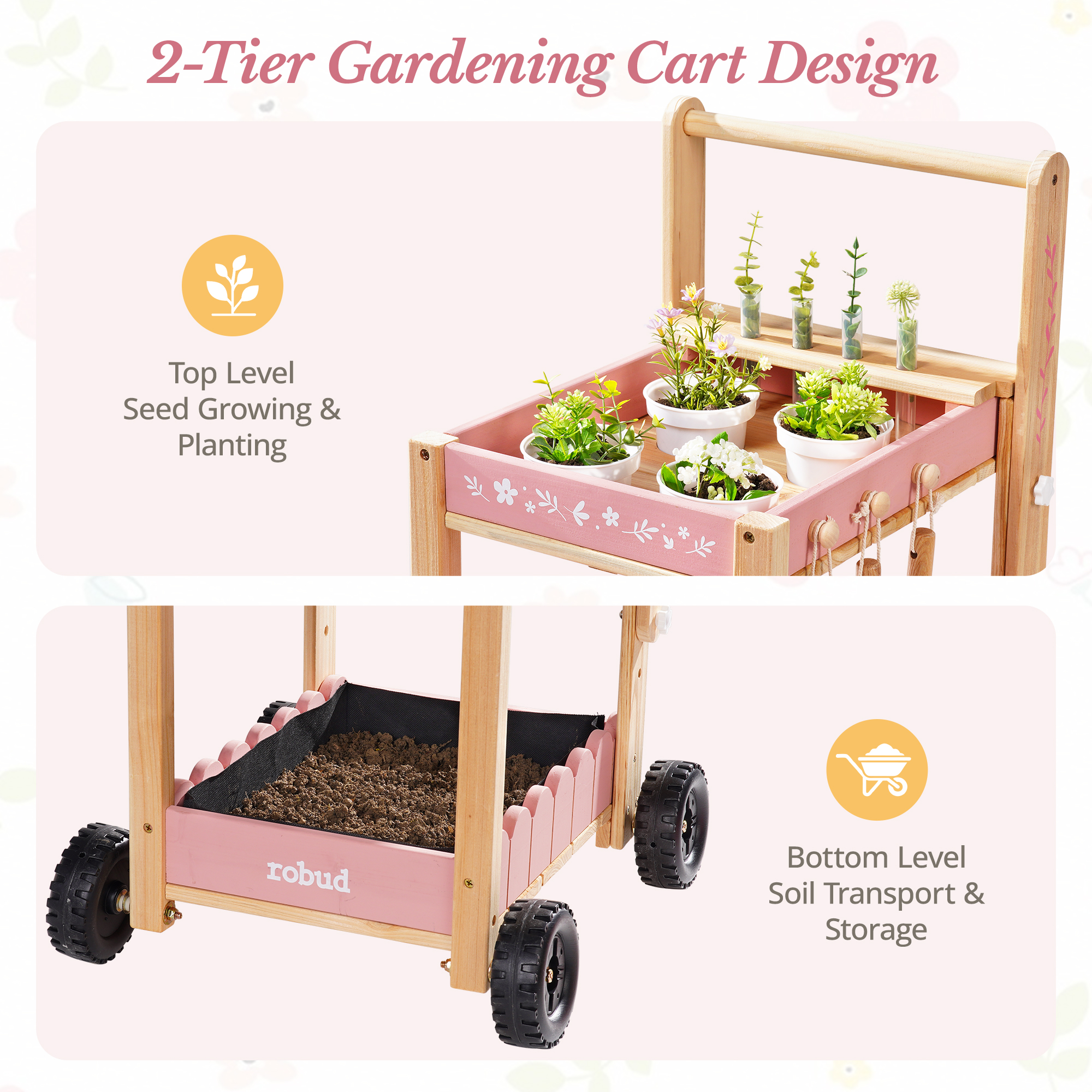 ROBUD Kids Gardening Set with Wooden Trolley