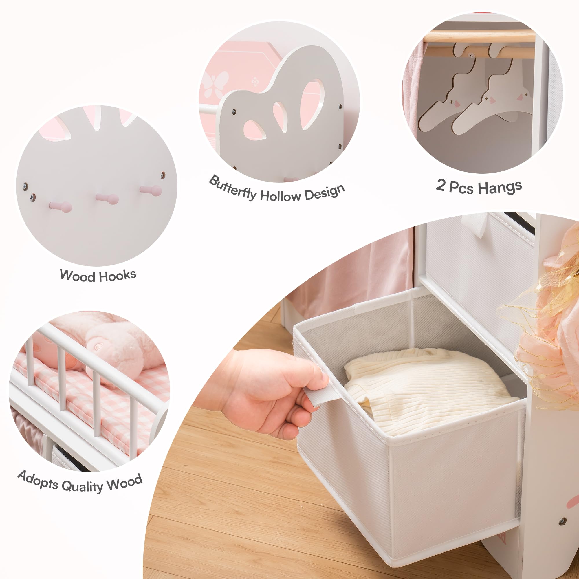 ROBUD Wooden Baby Doll Crib for Kids