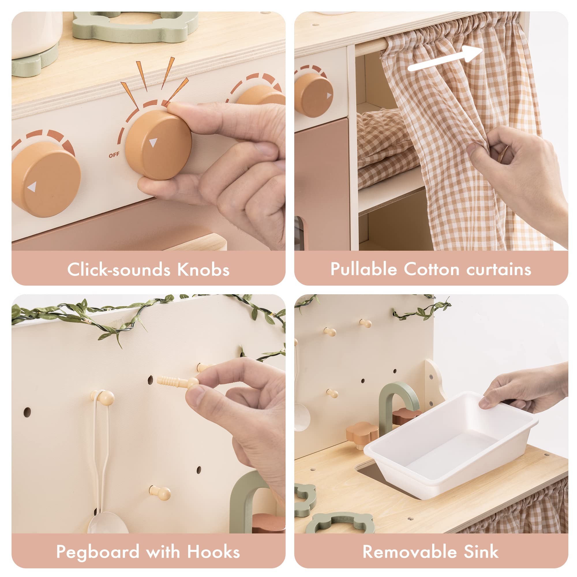 ROBUD Rustic Wooden Kids Play Kitchen Set  with Leaf Light String