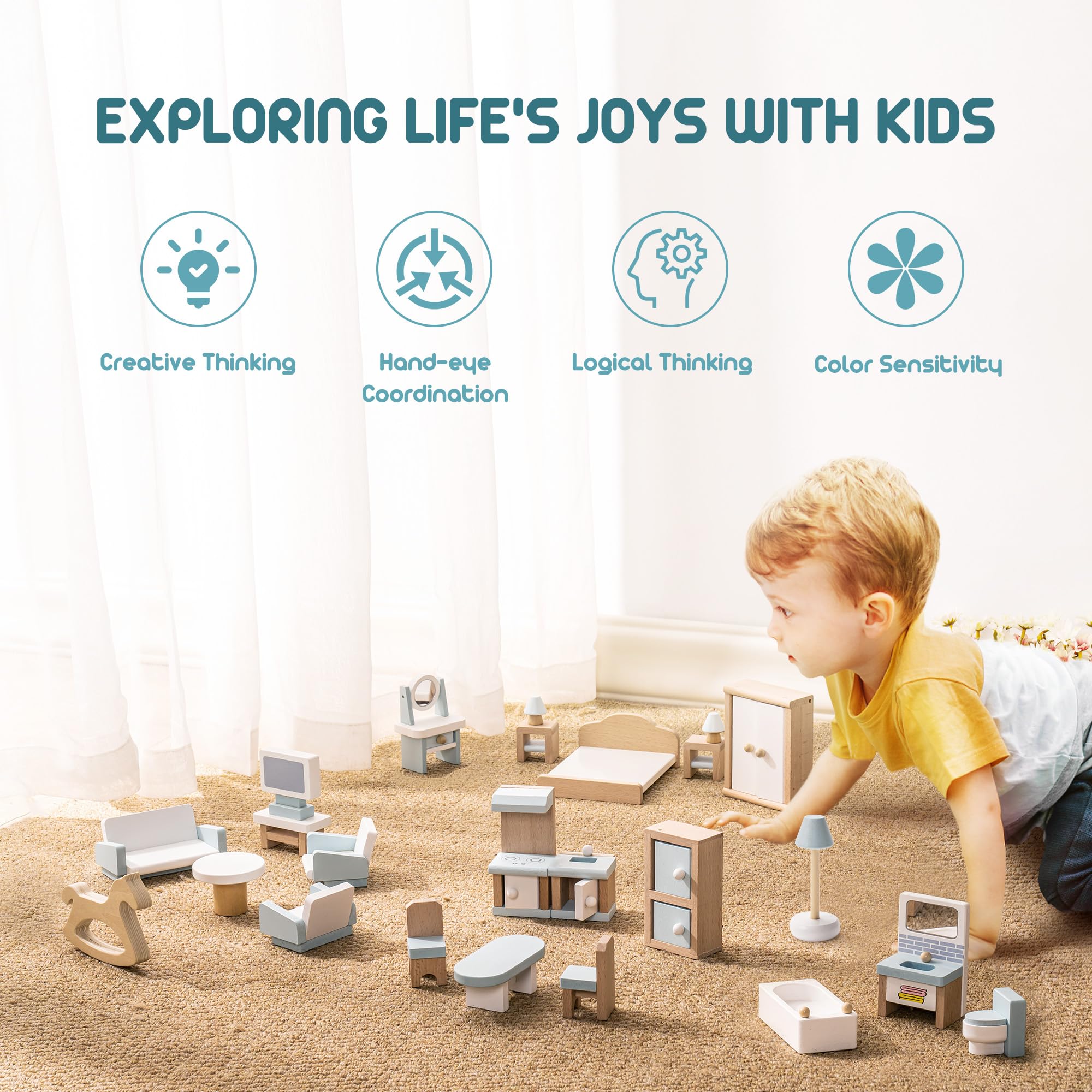 ROBUD Wooden Dollhouse Furniture Set