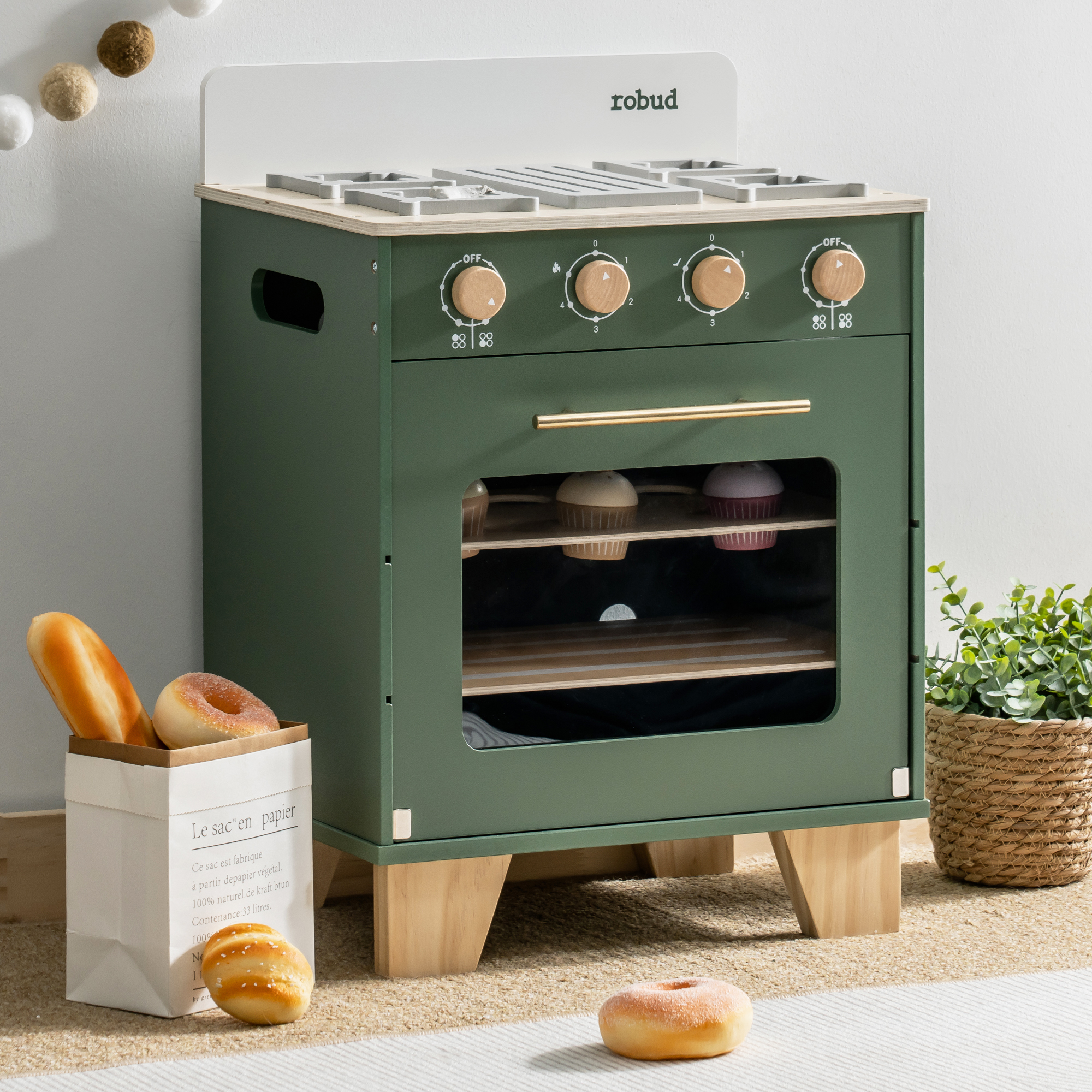 ROBUD Vintage Kids Wooden Toy Kitchen Oven - Green