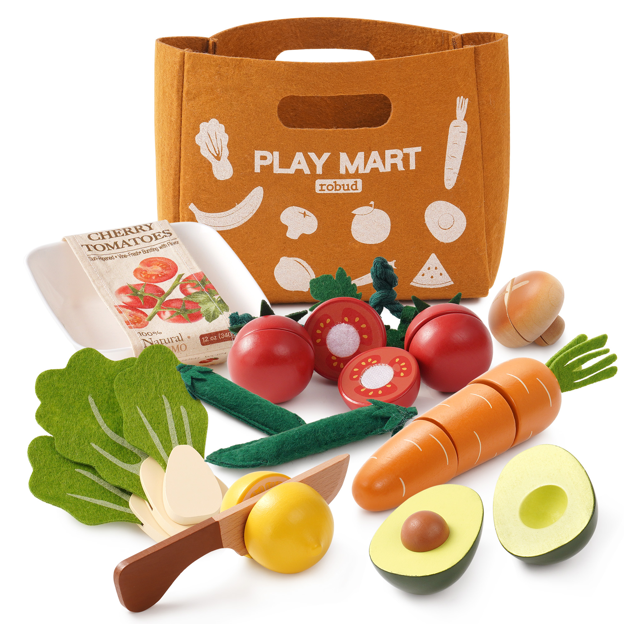 WCF74 felt tote, tomato carton and garden veggie play food set