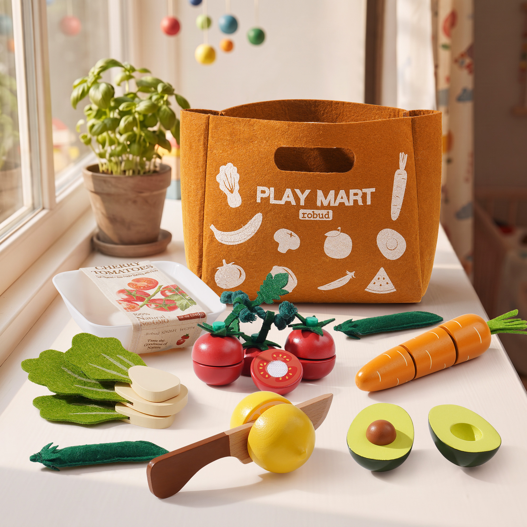 ROBUD Wooden Vegetable Cutting Play Food Set with Play Mart Tote Bag – Image 2