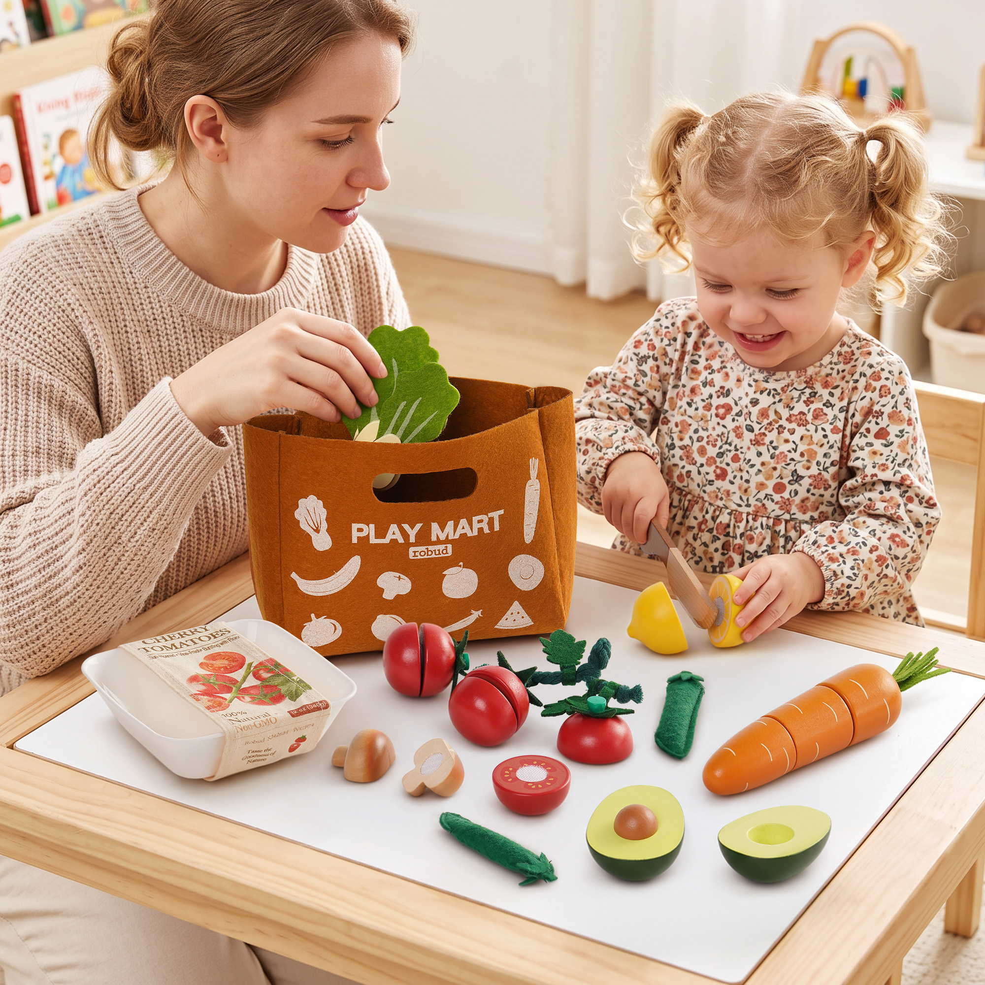 ROBUD Wooden Vegetable Cutting Play Food Set with Play Mart Tote Bag – Image 3