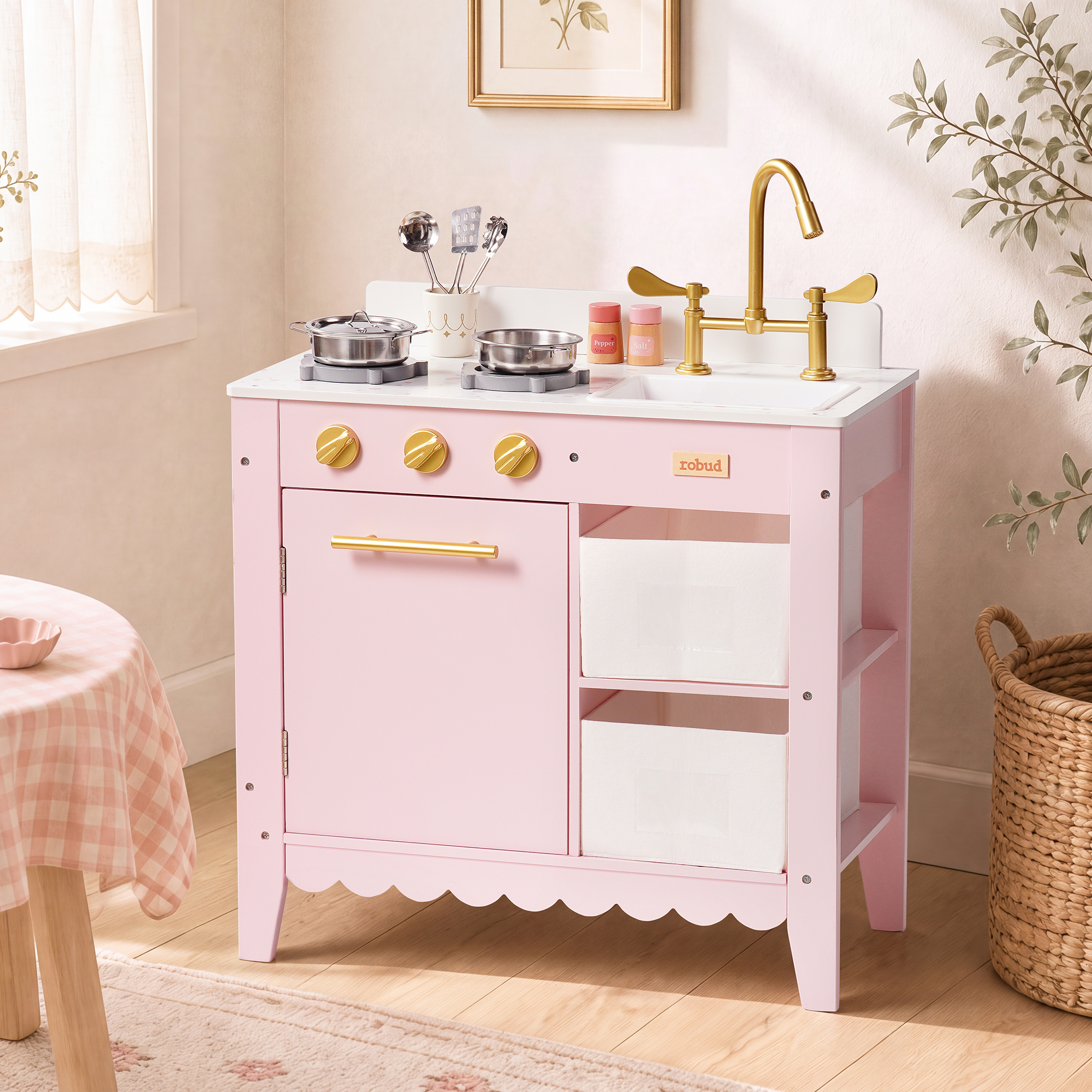 ROBUD Wooden Play Kitchen for Toddlers - Pink – Image 2