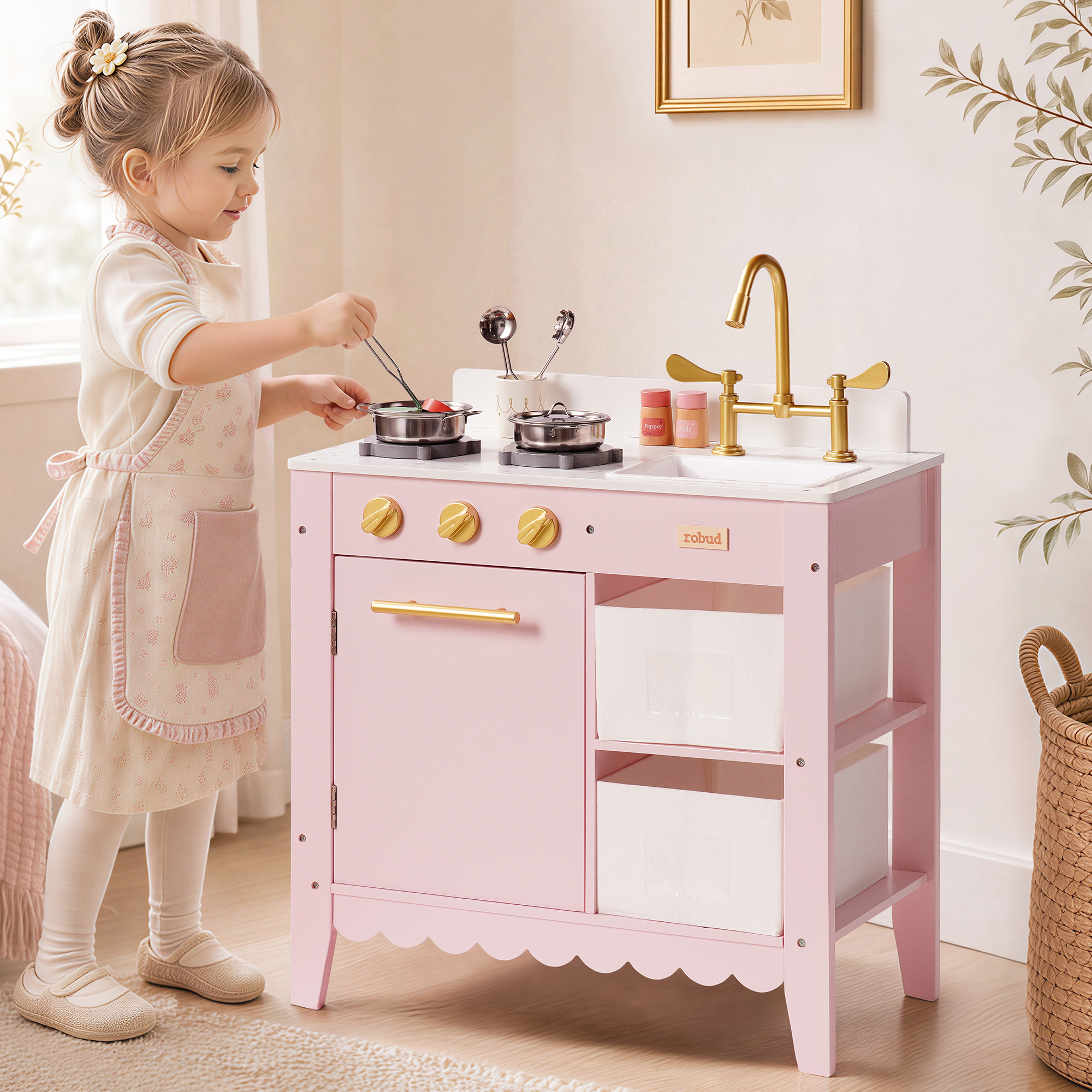 ROBUD Wooden Play Kitchen for Toddlers - Pink – Image 4