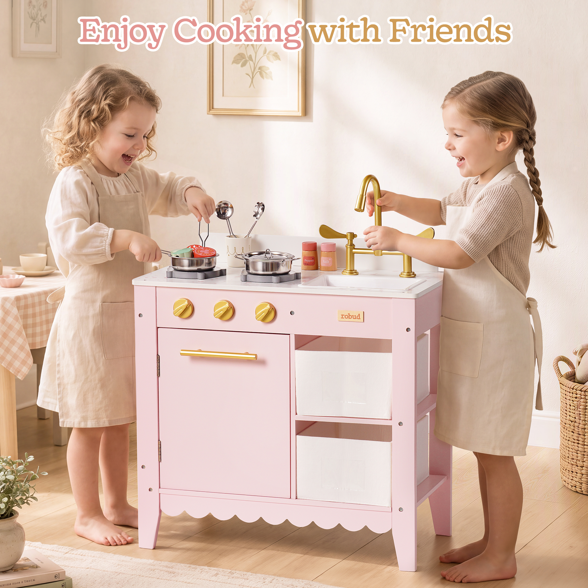 ROBUD Wooden Play Kitchen for Toddlers - Pink – Image 6