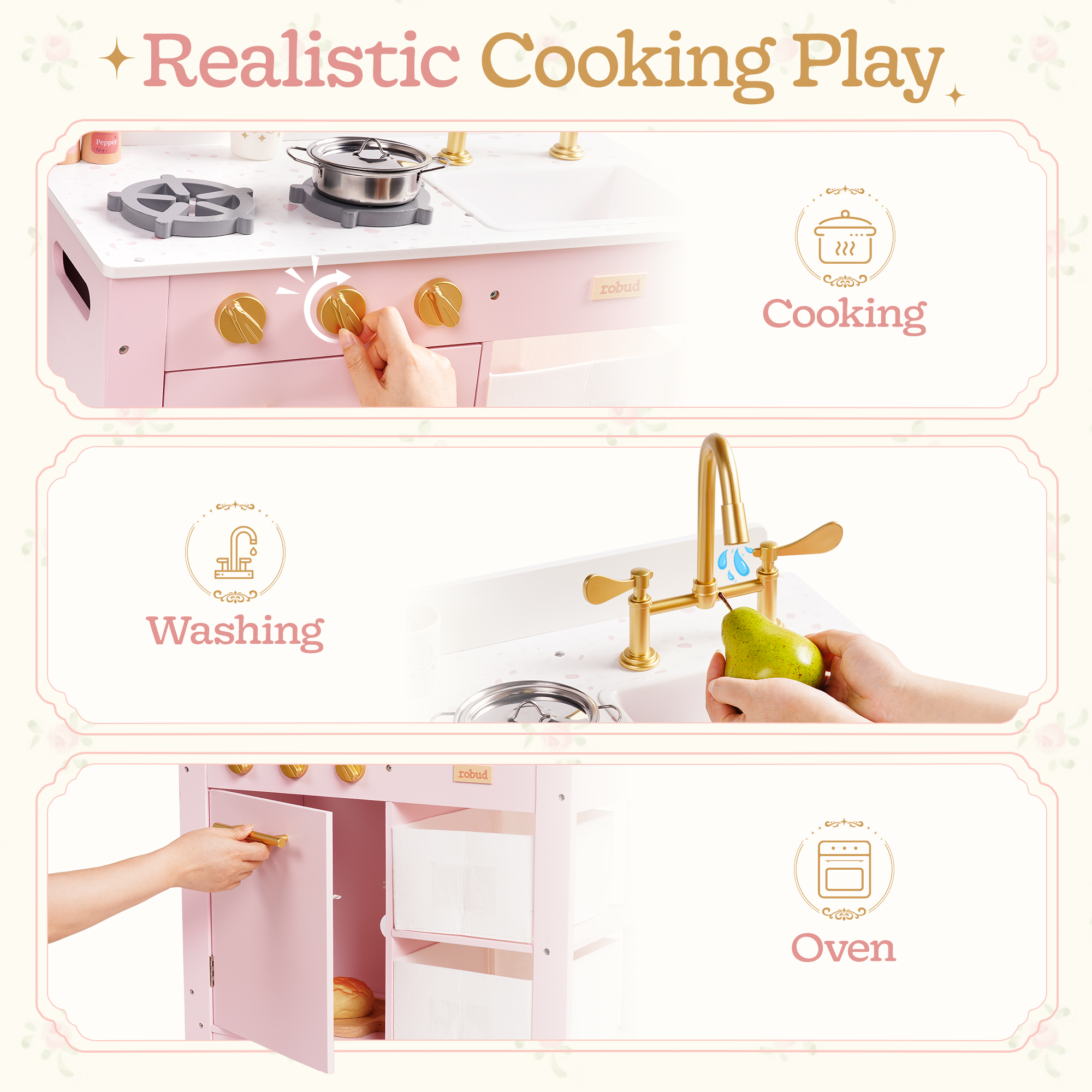 ROBUD Wooden Play Kitchen for Toddlers - Pink – Image 7