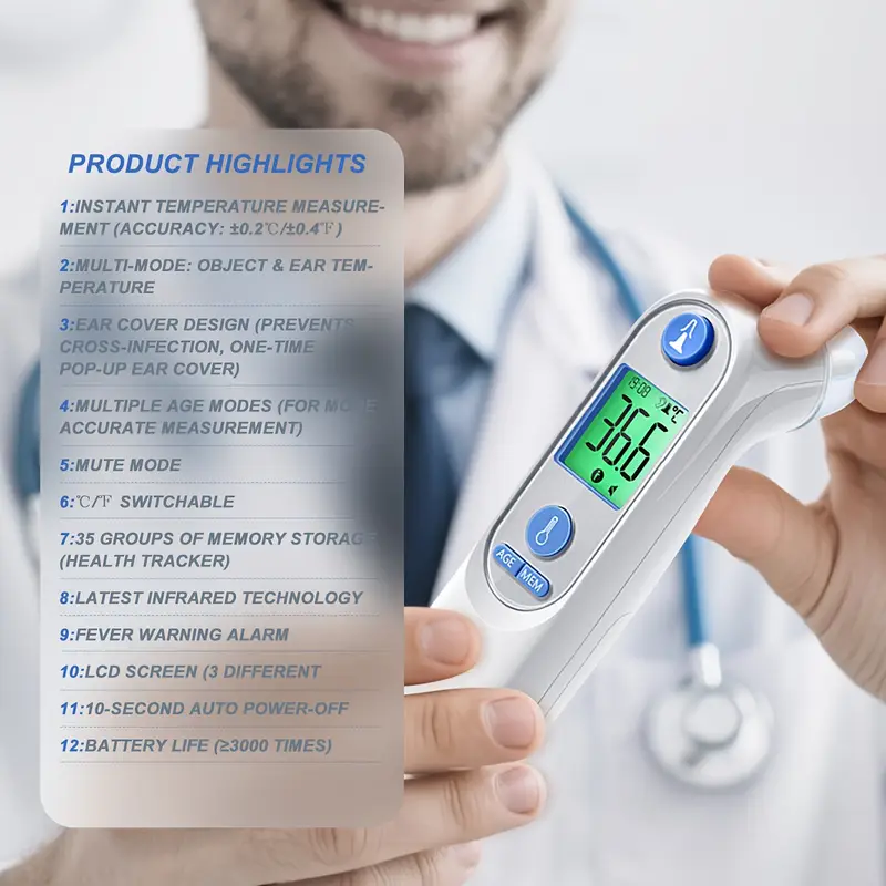   成人与儿童三合一非接触式，多种年龄模式数字红外线体温计-耳温枪，发烧报警，1秒出结果，精准测量，液晶显示屏，30 次记忆，配 20个一次性探头套，适用所有人群温度计 商品详情 1