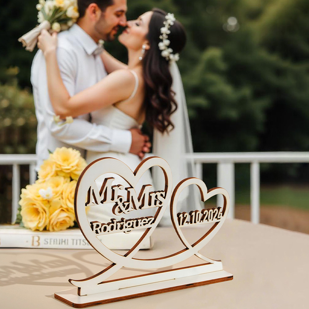 Personalized Wooden Table Decoration Sign with Name and Date for Wedding Anniversary Gift for Couple