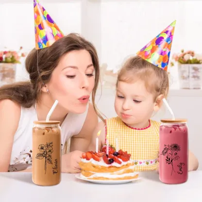 Personalized Name Glass Can with Birth Flower Custom Can Glass with Straw Gift for Mother Friends Family Bridesmaid Wedding Gifts