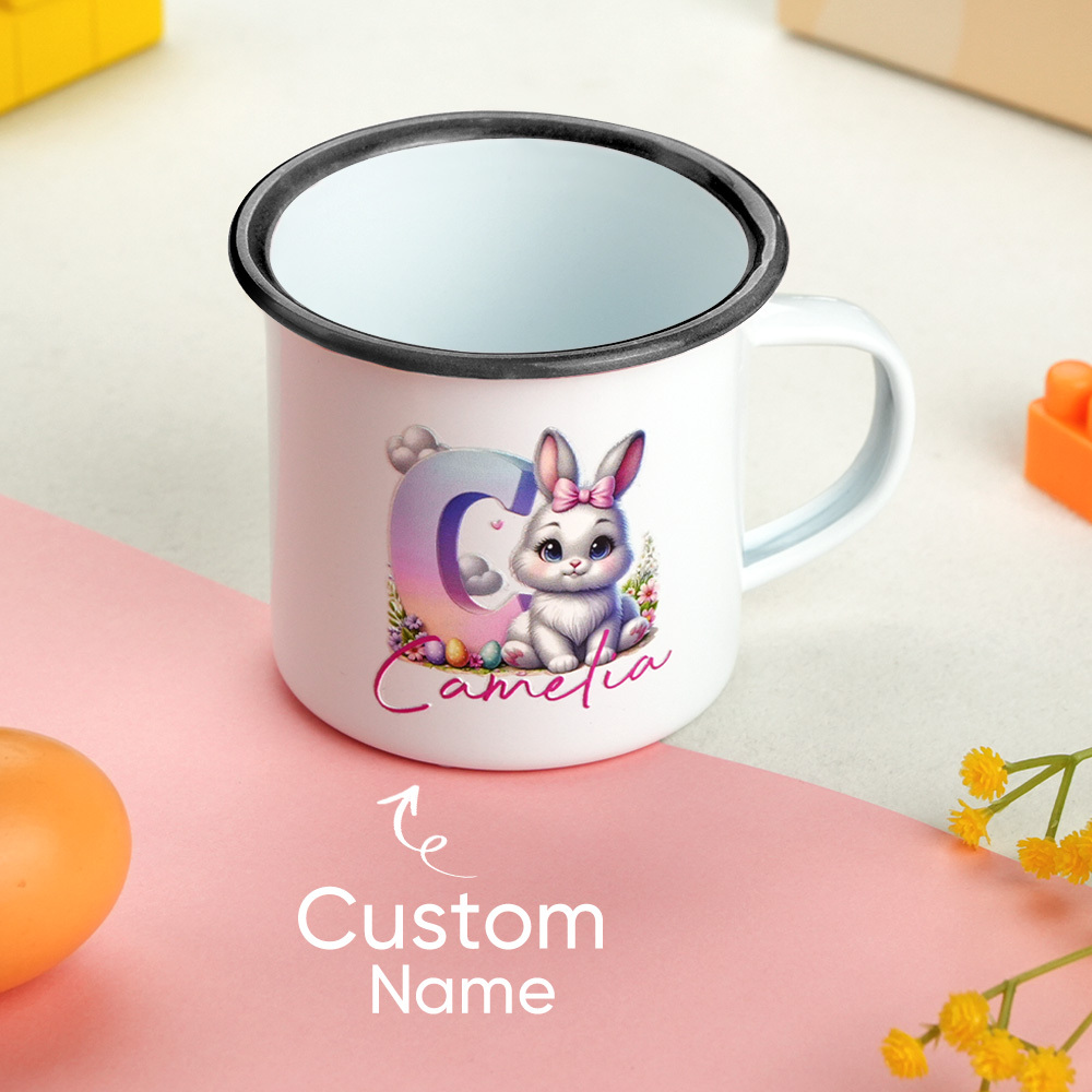 Personalized Easter Bunny Enamel Mug with Name Gradient Initial 12oz Cup Easter Gift for Kids
