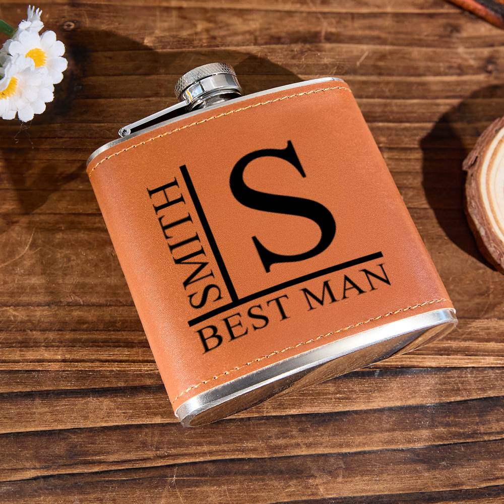 Personalized Name PU Leather Flask Stainless Steel 6oz Whiskey Flask Gift for Men