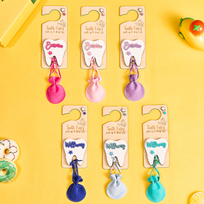 Personalized Tooth Fairy Door Hanger with Money Slot and Velvet Pouch Birthday Gift for Kids