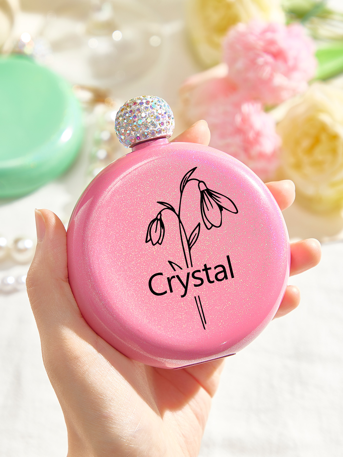 Personalized Birth Flower Round Flasks with Name 5oz Glitter Flask Wedding Birthday Gift for Her