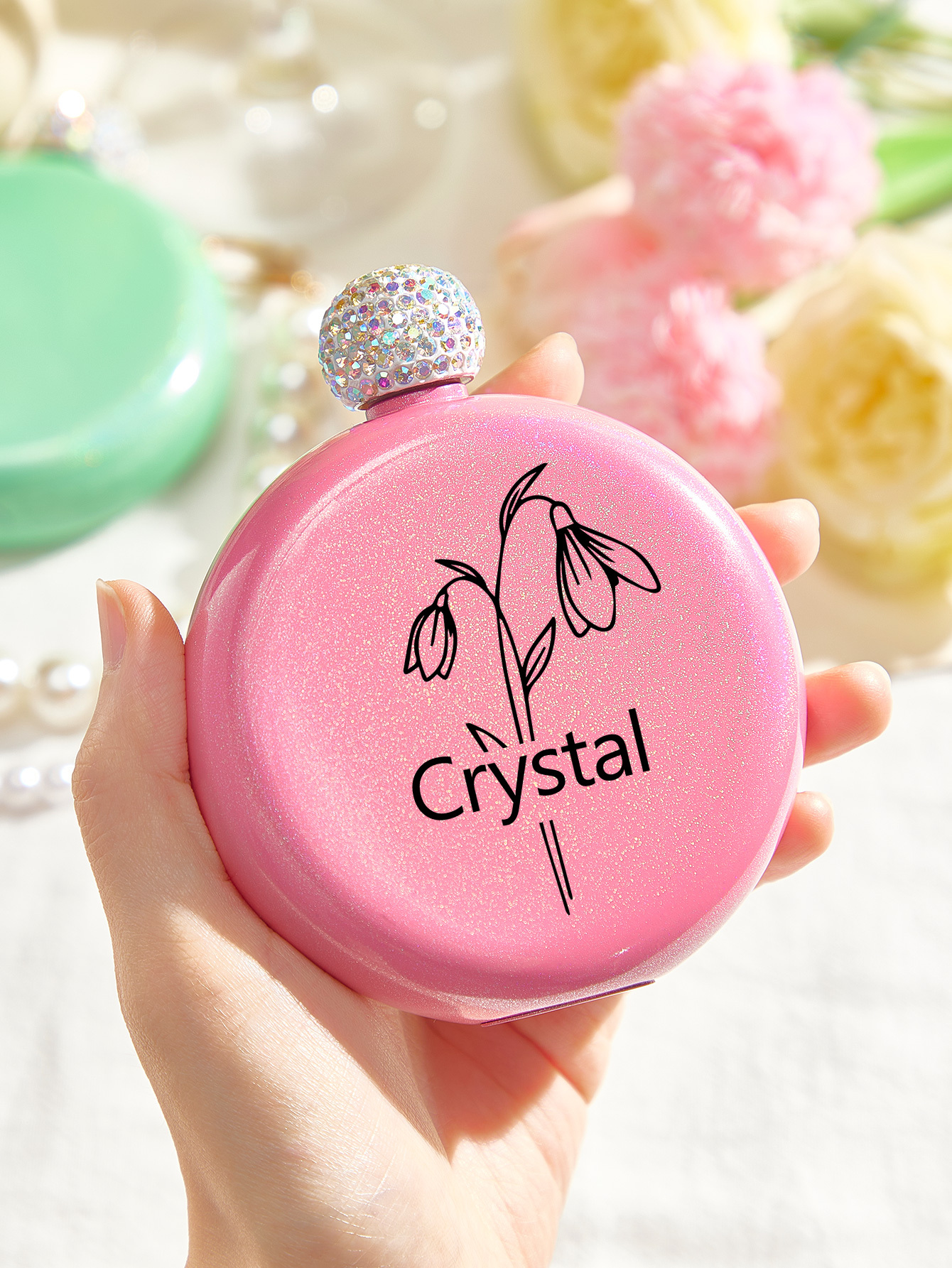 Personalized Birth Flower Round Flasks with Name 5oz Glitter Flask Wedding Birthday Gift for Her