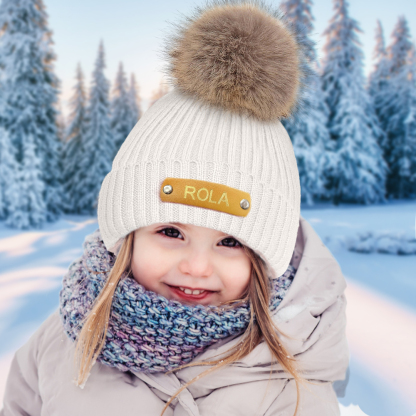 Personalized Leather Patch Beanie Custom Name Newborn Kids Winter Hat