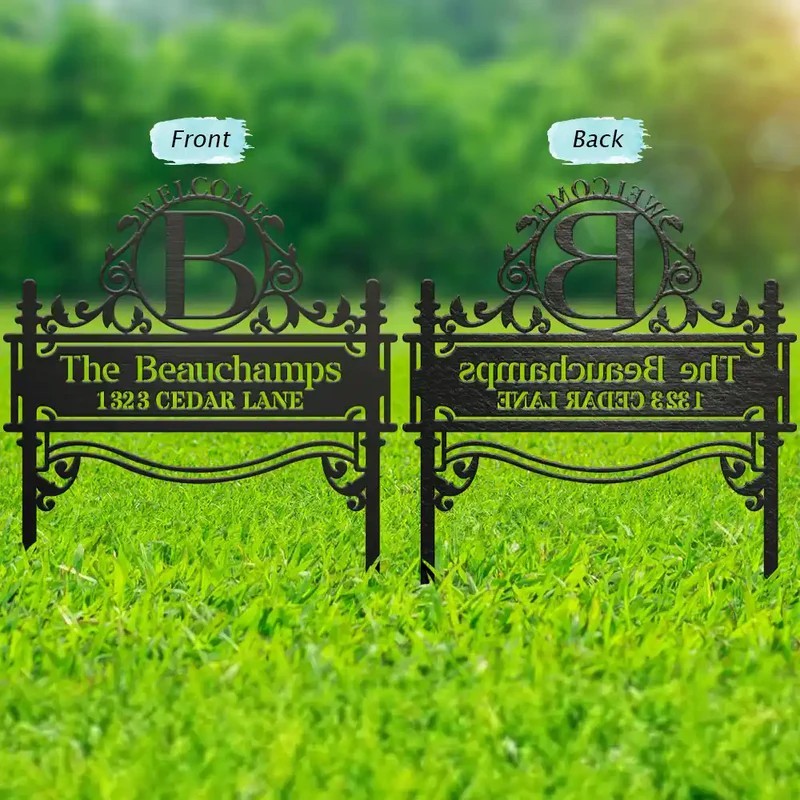 WelcomeFamilyNameMonogram-PersonalizedMetalGardenStake-Mk1