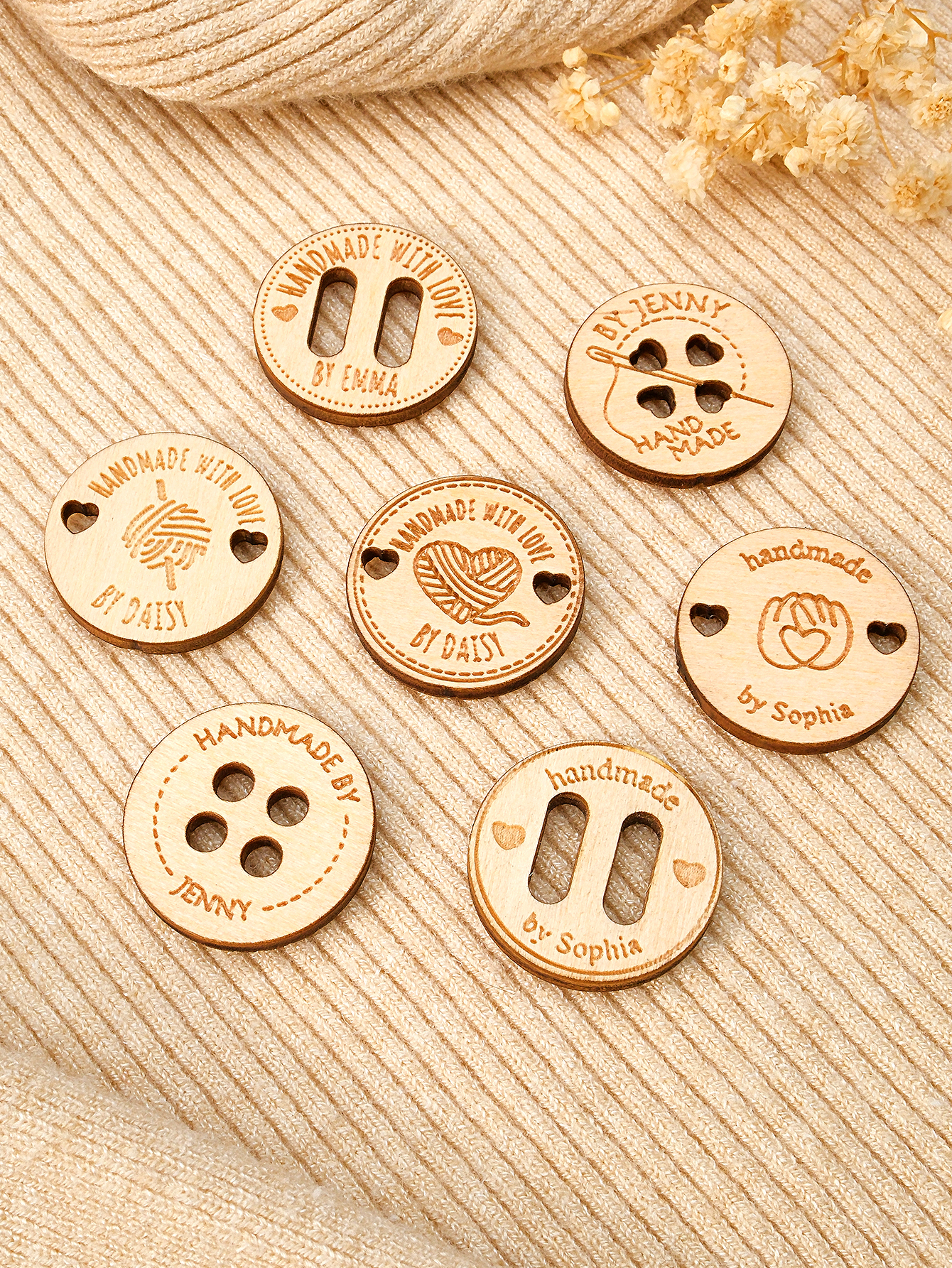 Personalized Handmade with Love Wooden Buttons Set of 15 Clothing Labels Gift for Mother Grandma Knitting Crocheting Lovers