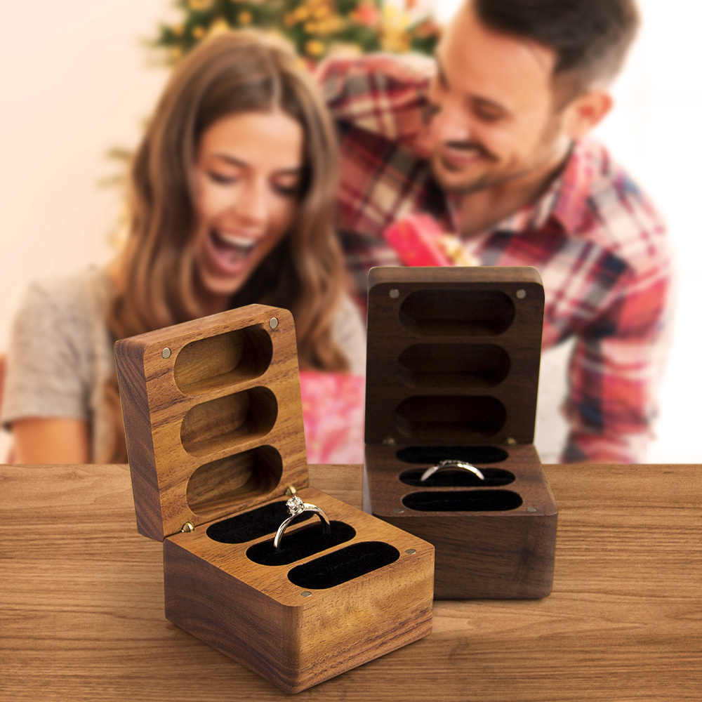Personalized Triple Slot Ring Storage Wedding Engagement Proposal Wood Ring Box