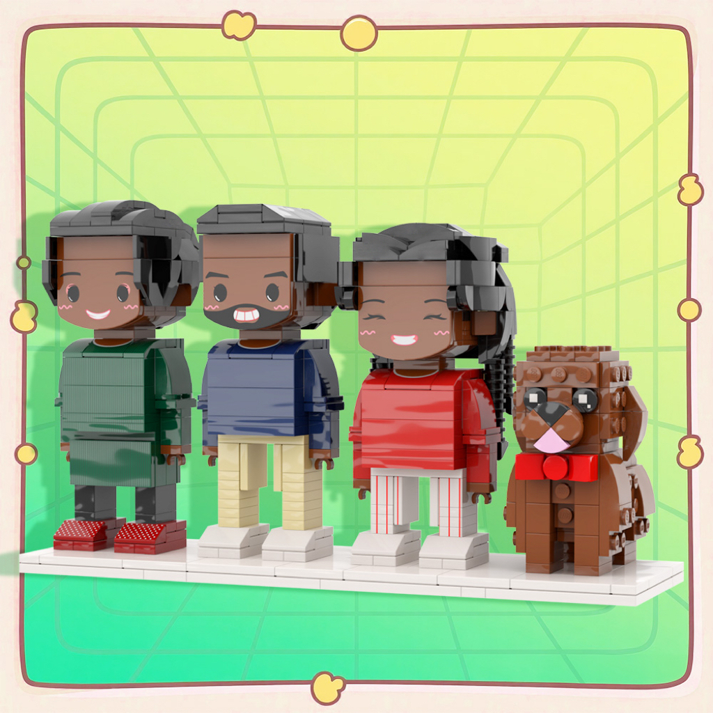 Custom Full-Body Cute Brick Figures of 3 People and Dog Personalized Anniversary Gift Birthday Gift