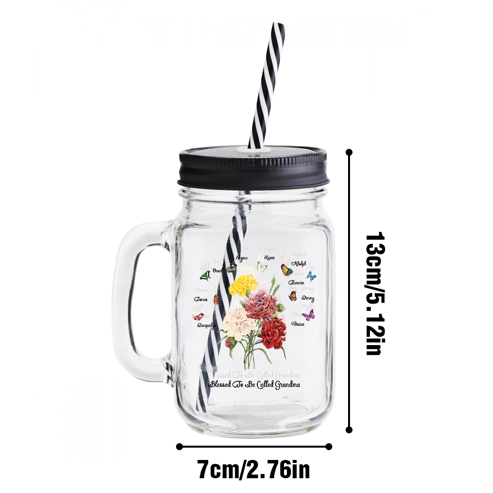 Personalized Birth Butterfly Bouquet Mason Jar with Handle Lid and Straw Birthday Gift for Mom Grandma