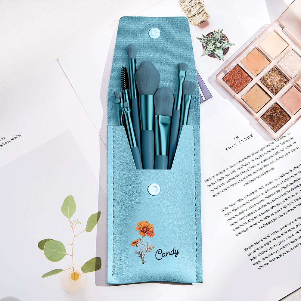 Custom Engraved Birth Flower Makeup Brush Set Wedding Gift
