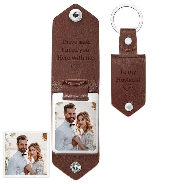 Custom Leather Photo Text Keychain Anniversary Gift For Couple
