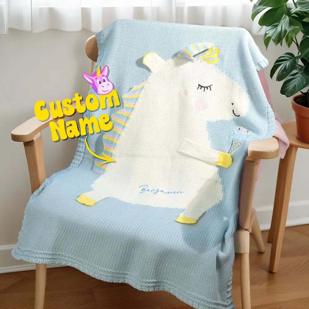 Personalized Knitted Blanket Unicorn Blanket with Embroidered Name Gift for Baby