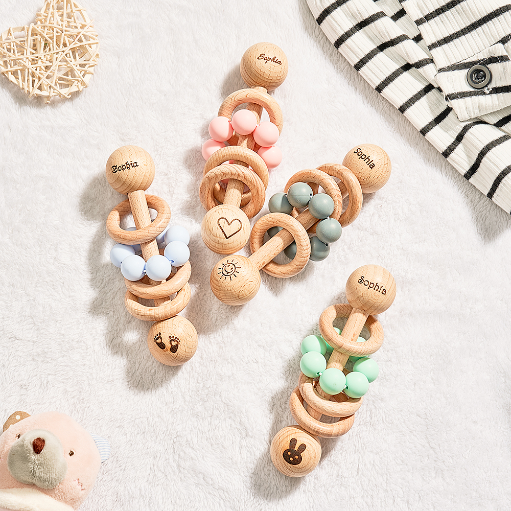 Personalized Wooden Baby Rattle with Engraved Name Toy Shower Birthday Gift for Baby