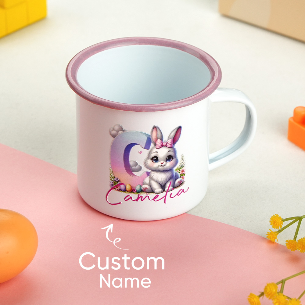 Personalized Easter Bunny Enamel Mug with Name Gradient Initial 12oz Cup Easter Gift for Kids