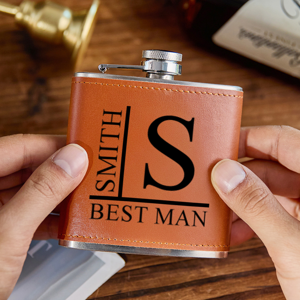 Personalized Name PU Leather Flask Stainless Steel 6oz Whiskey Flask Gift for Men