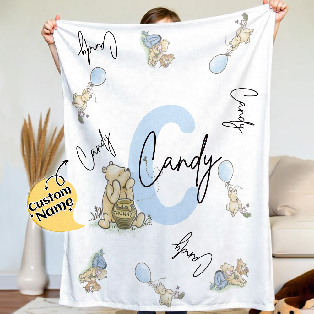 Personalized Winnie the Pooh Throw Blanket with Name Nursery Decor Birthday Baby Shower Gift for Kids