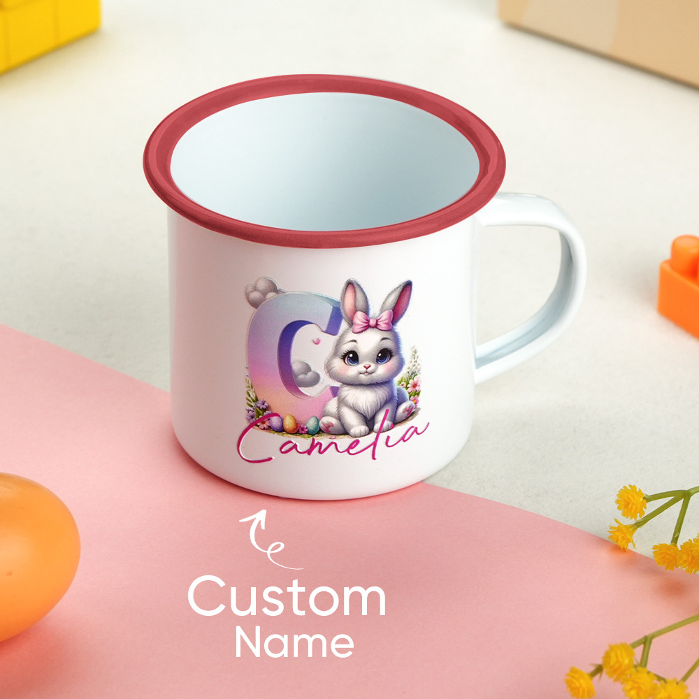 Personalized Easter Bunny Enamel Mug with Name Gradient Initial 12oz Cup Easter Gift for Kids
