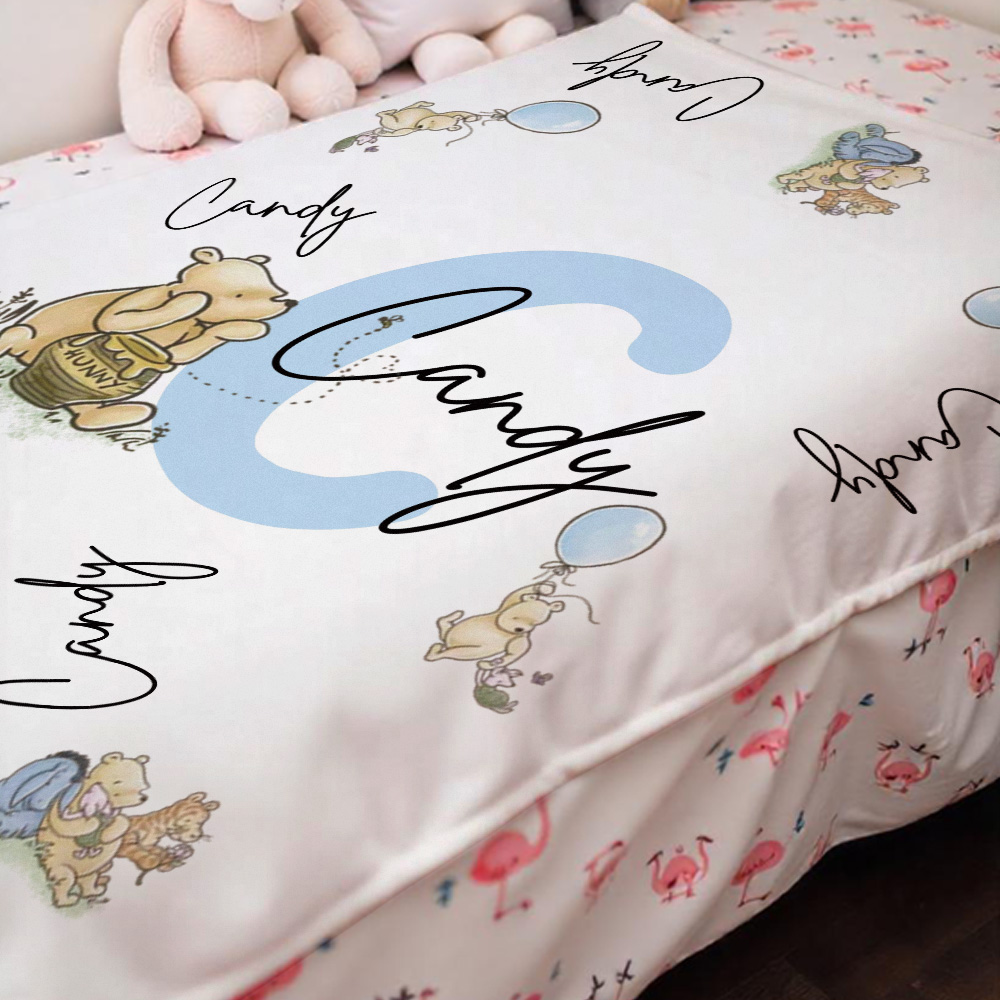 Personalized Winnie the Pooh Throw Blanket with Name Nursery Decor Birthday Baby Shower Gift for Kids