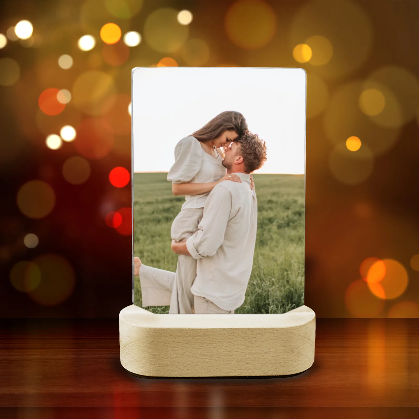 Custom Acrylic Photo Plaque with Wooden Base – Personalized Desktop Display Keepsake