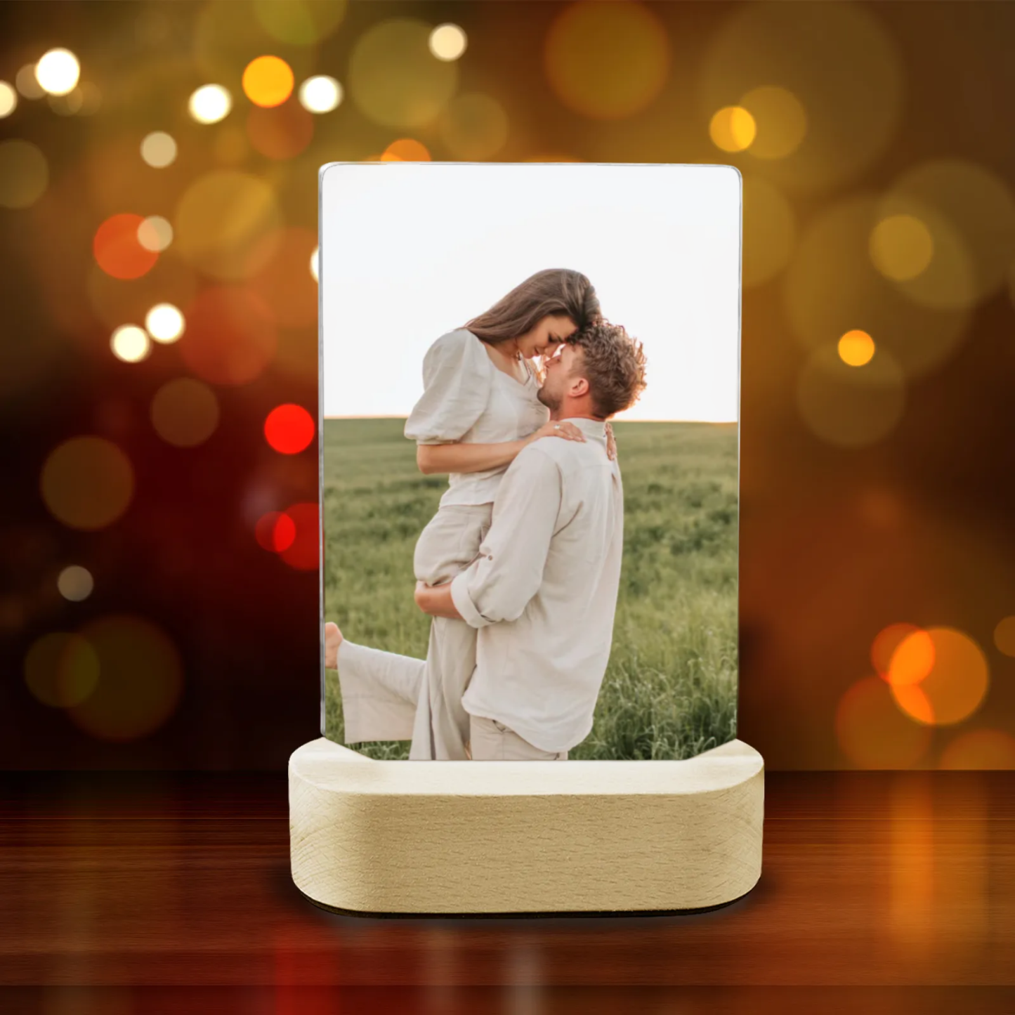 Custom Acrylic Photo Plaque with Wooden Base – Personalized Desktop Display Keepsake
