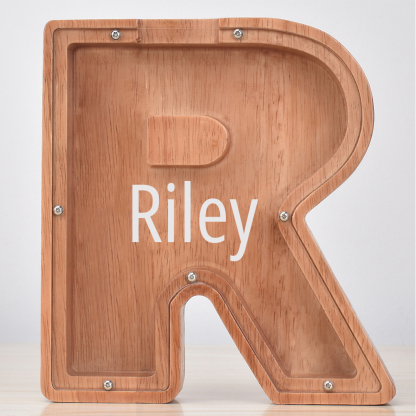 Custom Engraved Name Oak Wooden Letter Piggy Bank