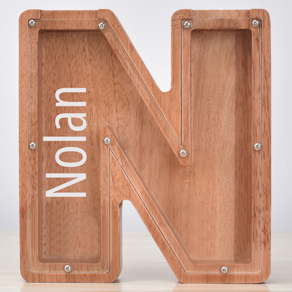 Custom Engraved Name Oak Wooden Letter Piggy Bank