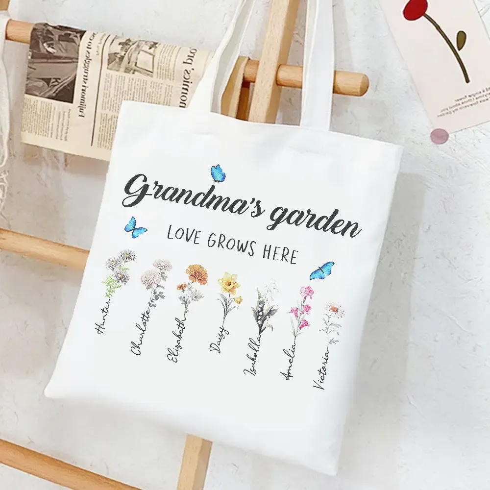 Personalized Birth Month Flowers Grandma's Garden Tote Bag Mom's Garden Tote Bag With Kids Names Gift For Grandma