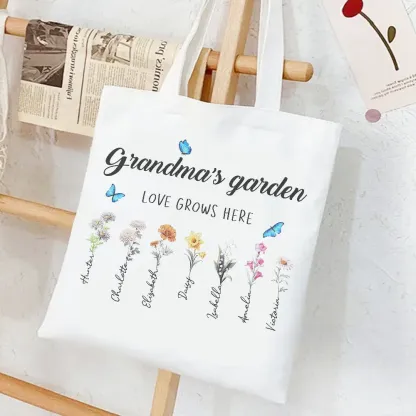 Personalized Birth Month Flowers Grandma's Garden Tote Bag Mom's Garden Tote Bag With Kids Names Gift For Grandma