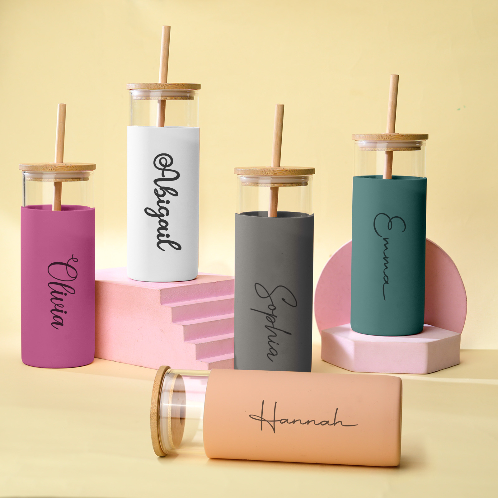 Personalized Name 17oz Glass Tumbler Coffee Tumbler with Engraved Wood Lid Silicone Case and Straw Birthday Gift