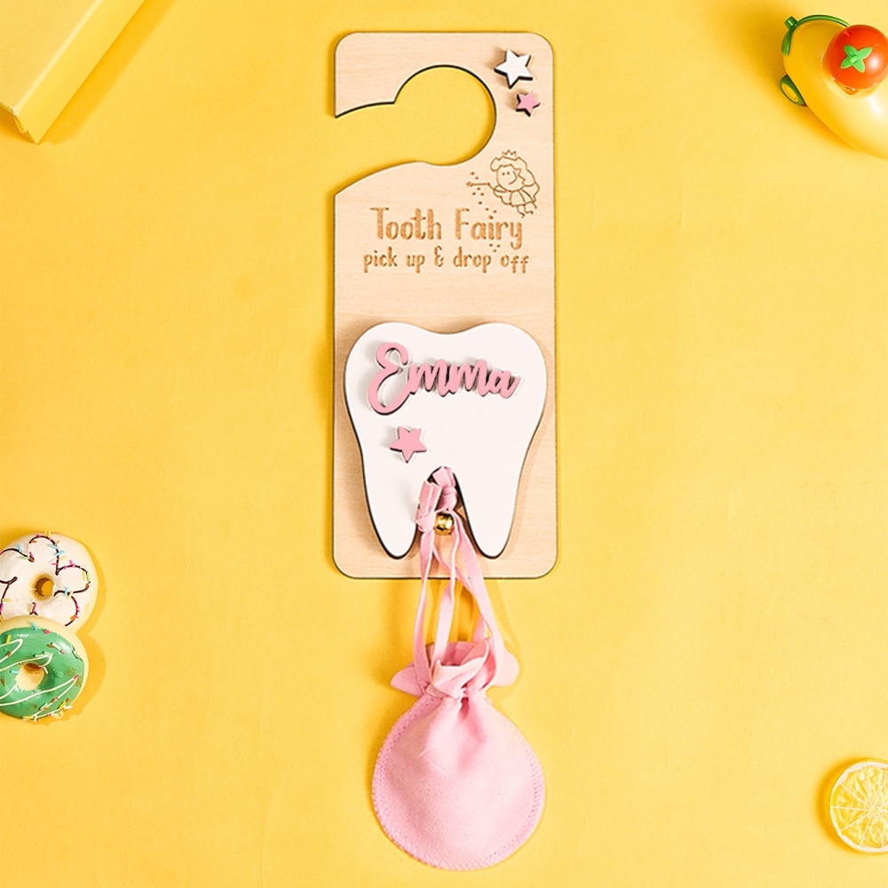Personalized Tooth Fairy Door Hanger with Money Slot and Velvet Pouch Birthday Gift for Kids